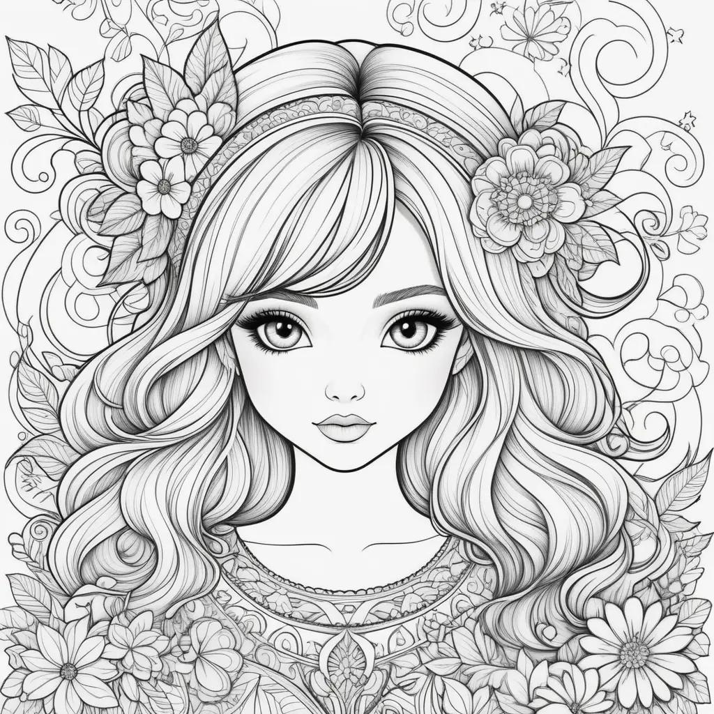 girl coloring pages with a flower crown and a butterfly