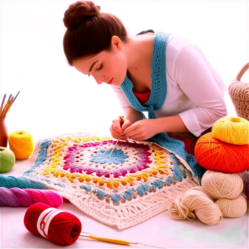 girl crochets a colorful project