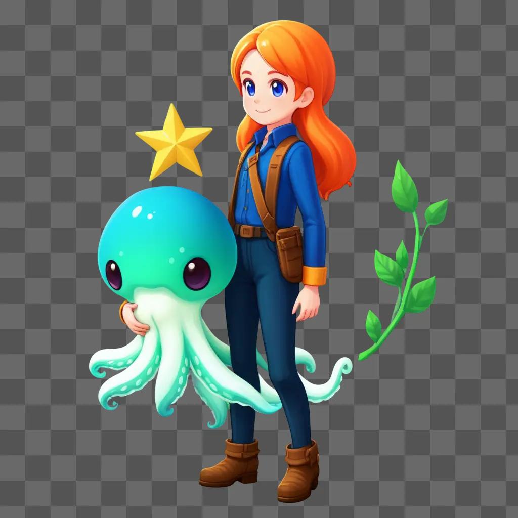 girl holds a squid in a starry sky