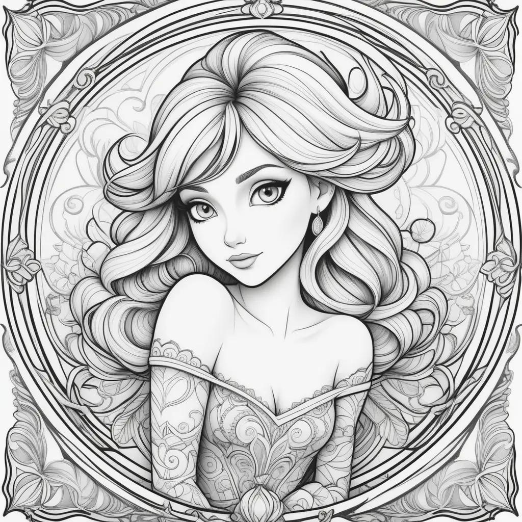 girl in a black and white coloring page with a floral design