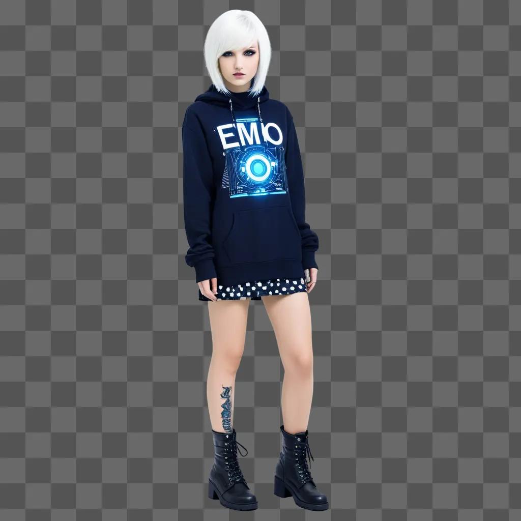 girl in a black hoodie with an EMO design