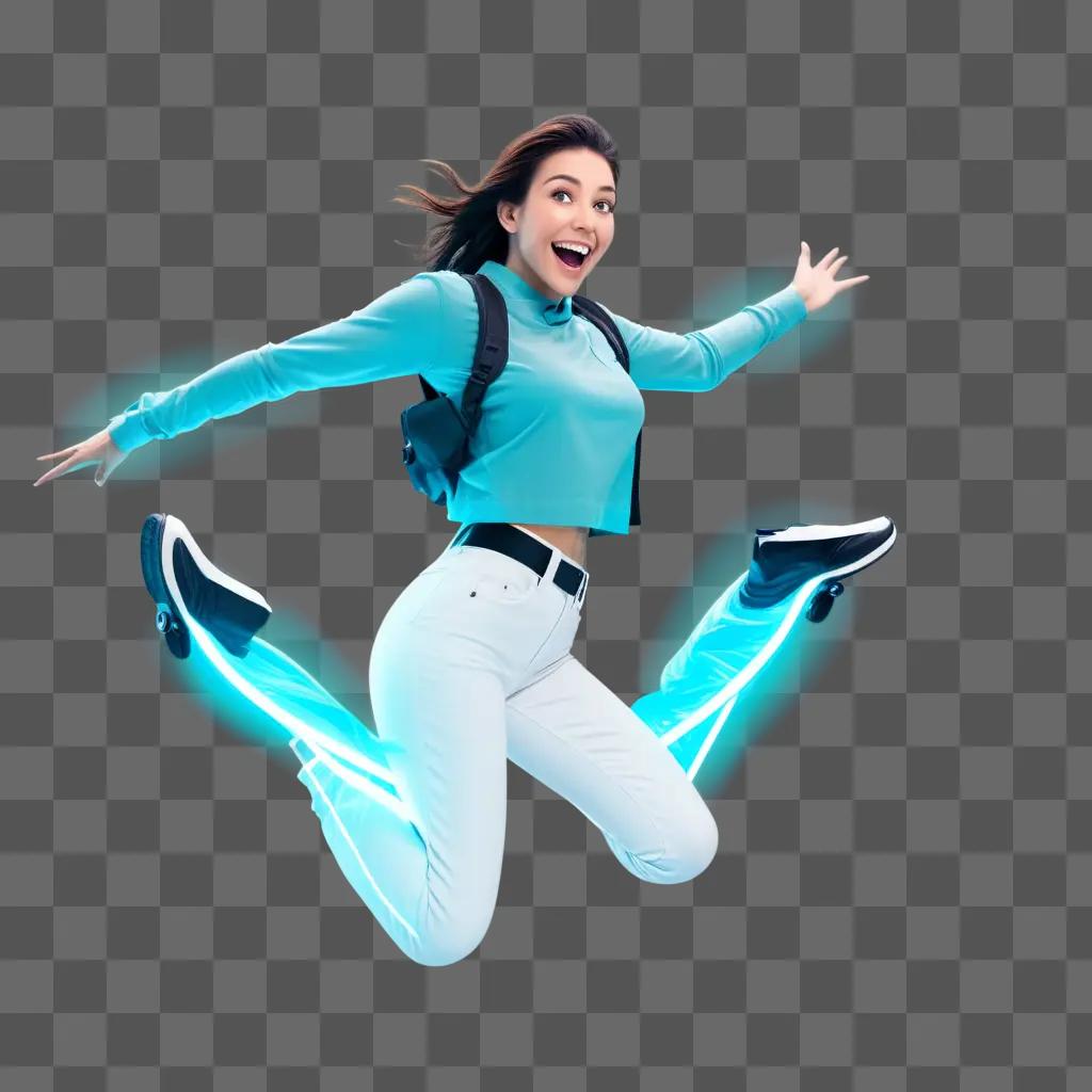 girl in a blue shirt and pants is excitedly jumping in the air