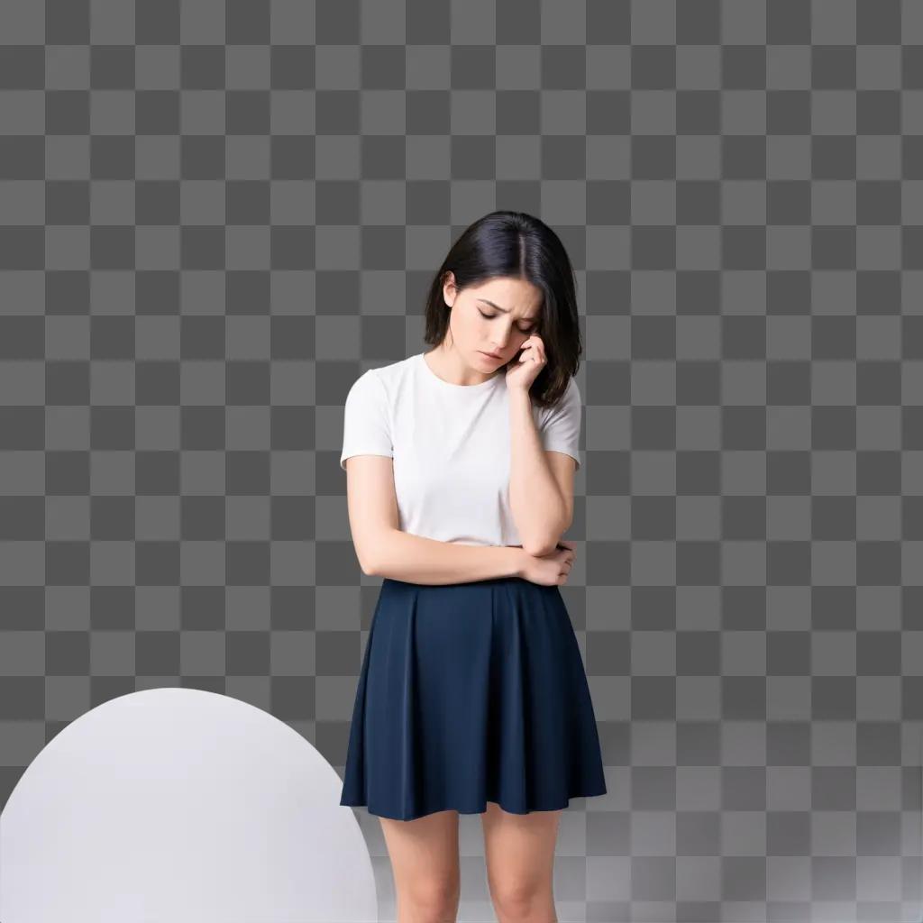 girl in a blue skirt and white shirt with a sad look on her face