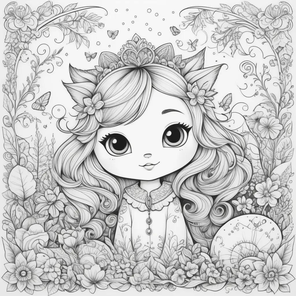 girl in a crown and flowers on a black and white drawing