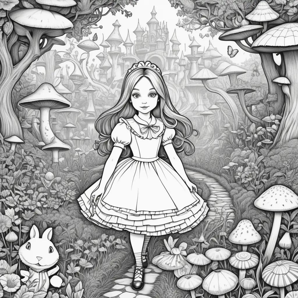 chica con un vestido está caminando a través de un bosque en dibujos para colorear