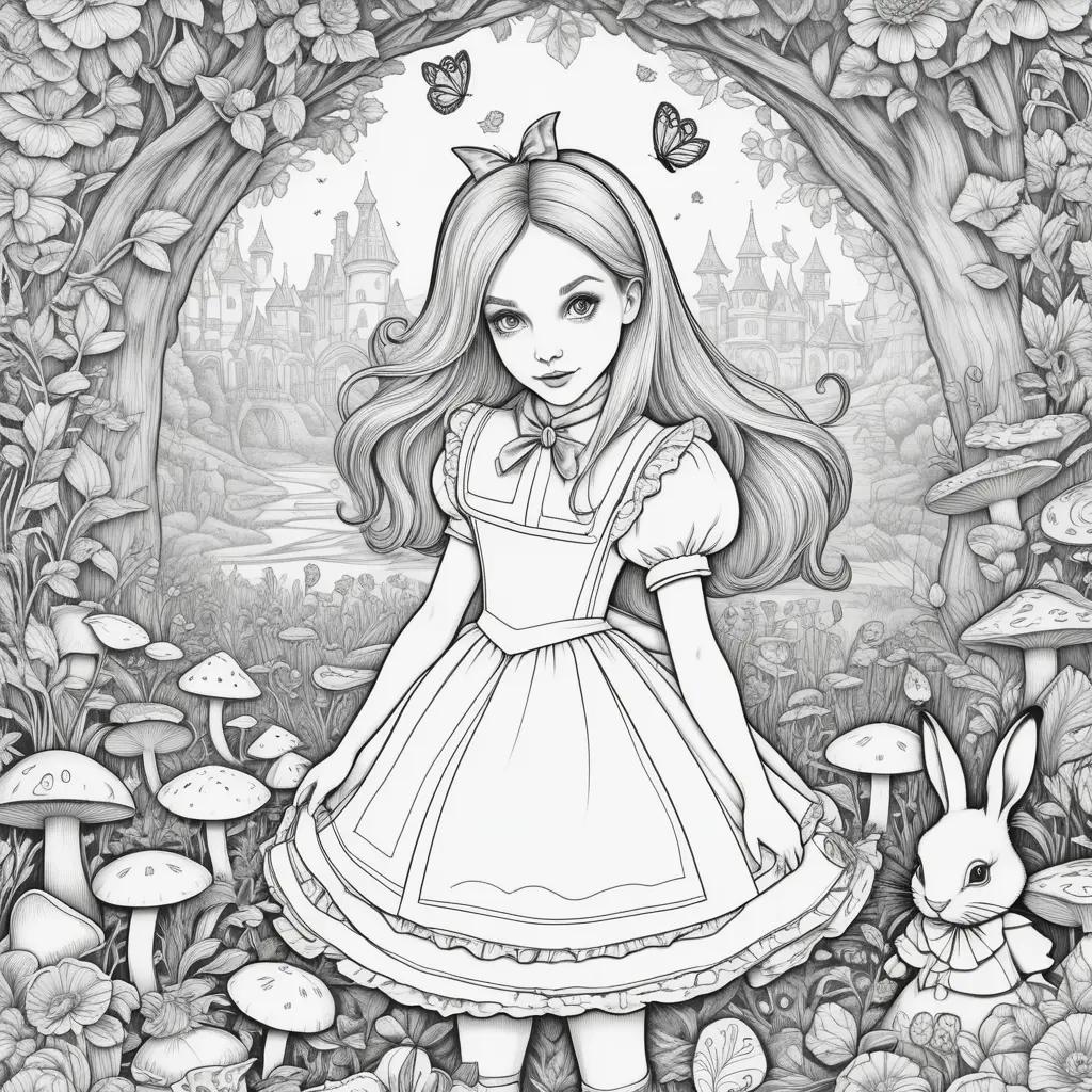 muchacha en un vestido con un conejo y mariposas en un bosque