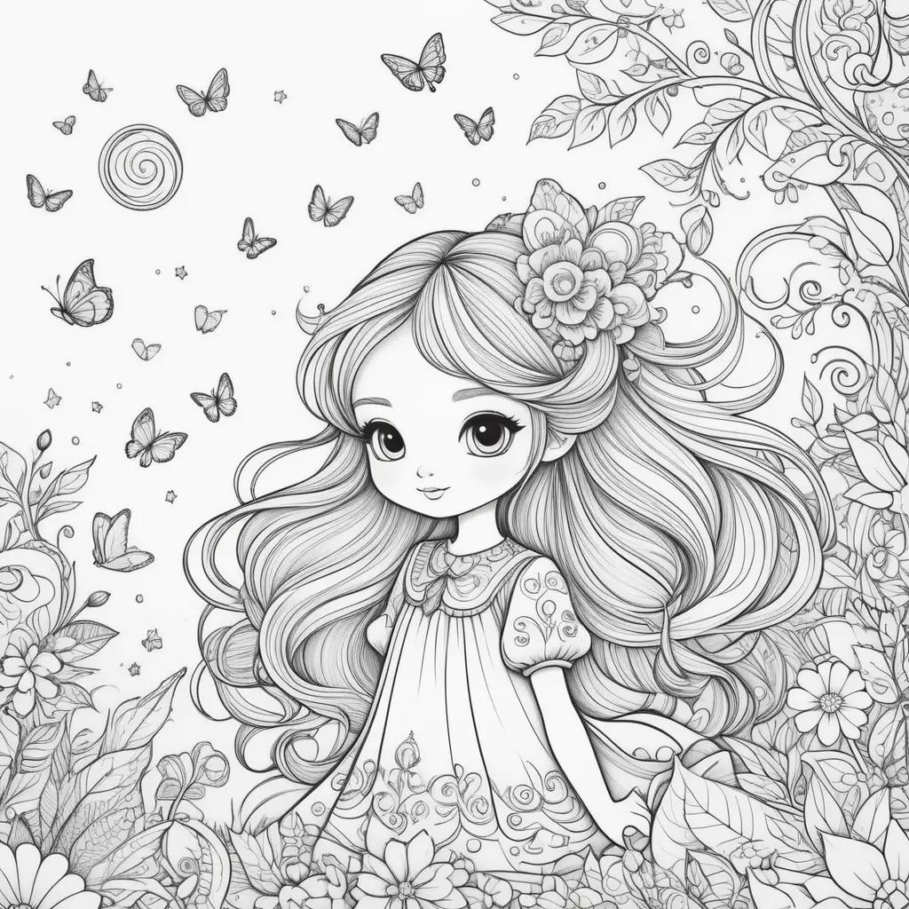 girl in a field of flowers and butterflies