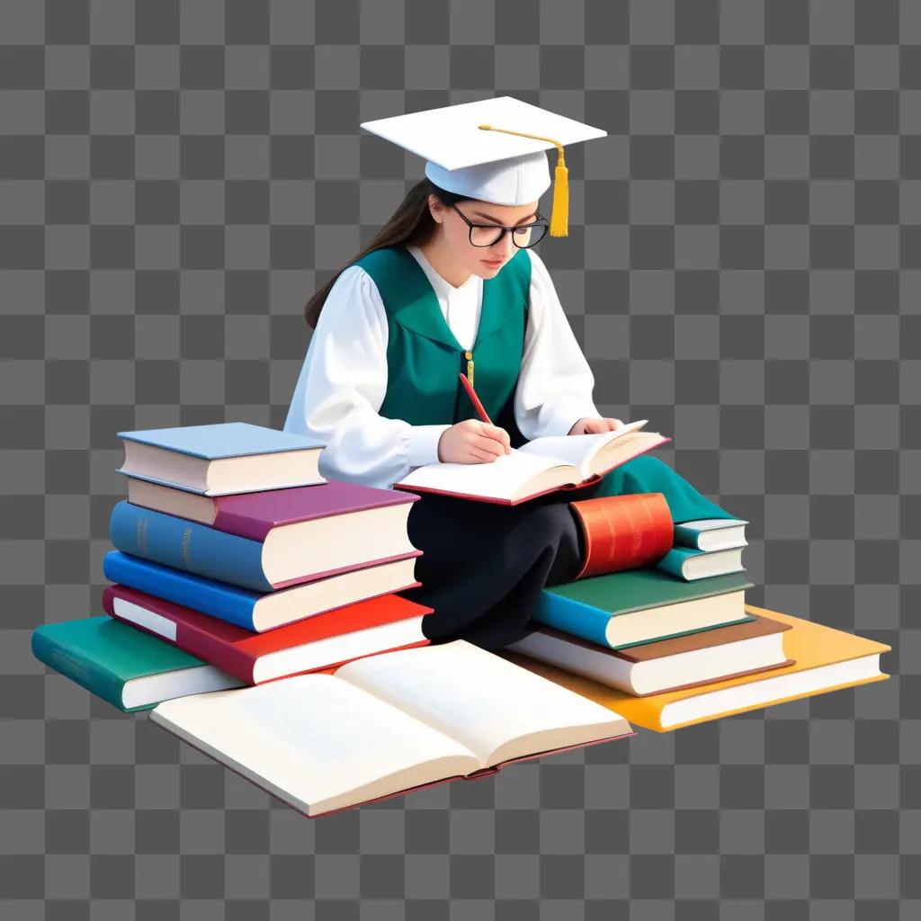 girl in a graduation cap studying with books