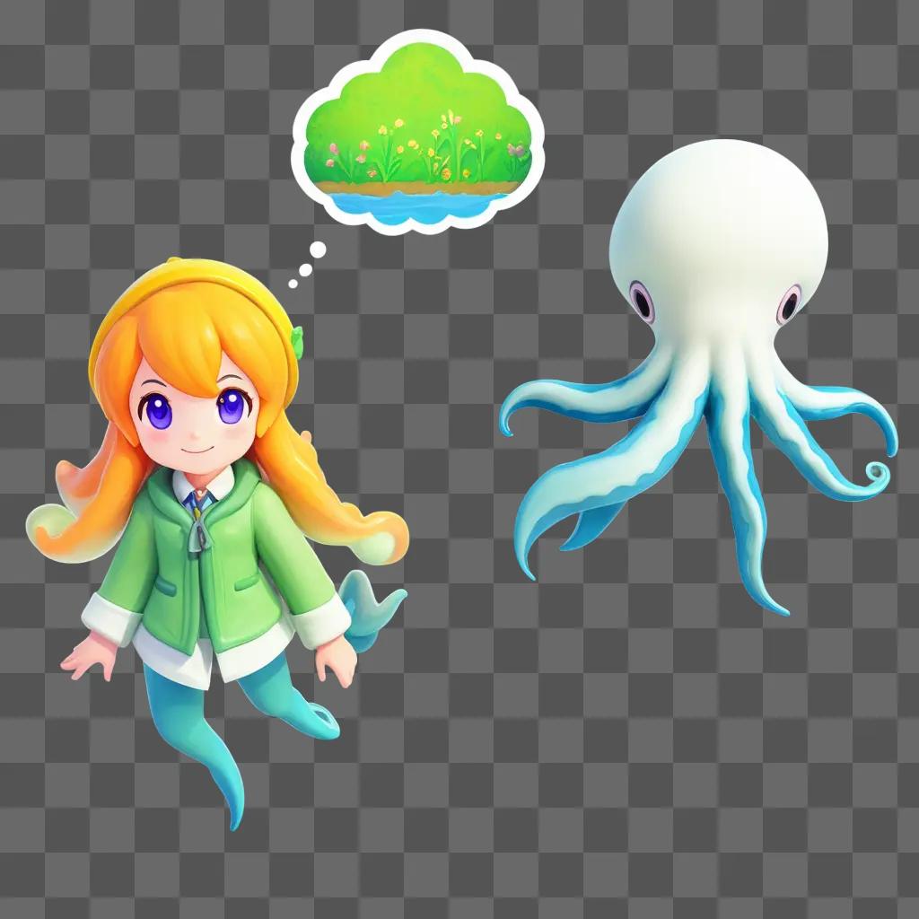 girl in a green coat and an octopus squid kid