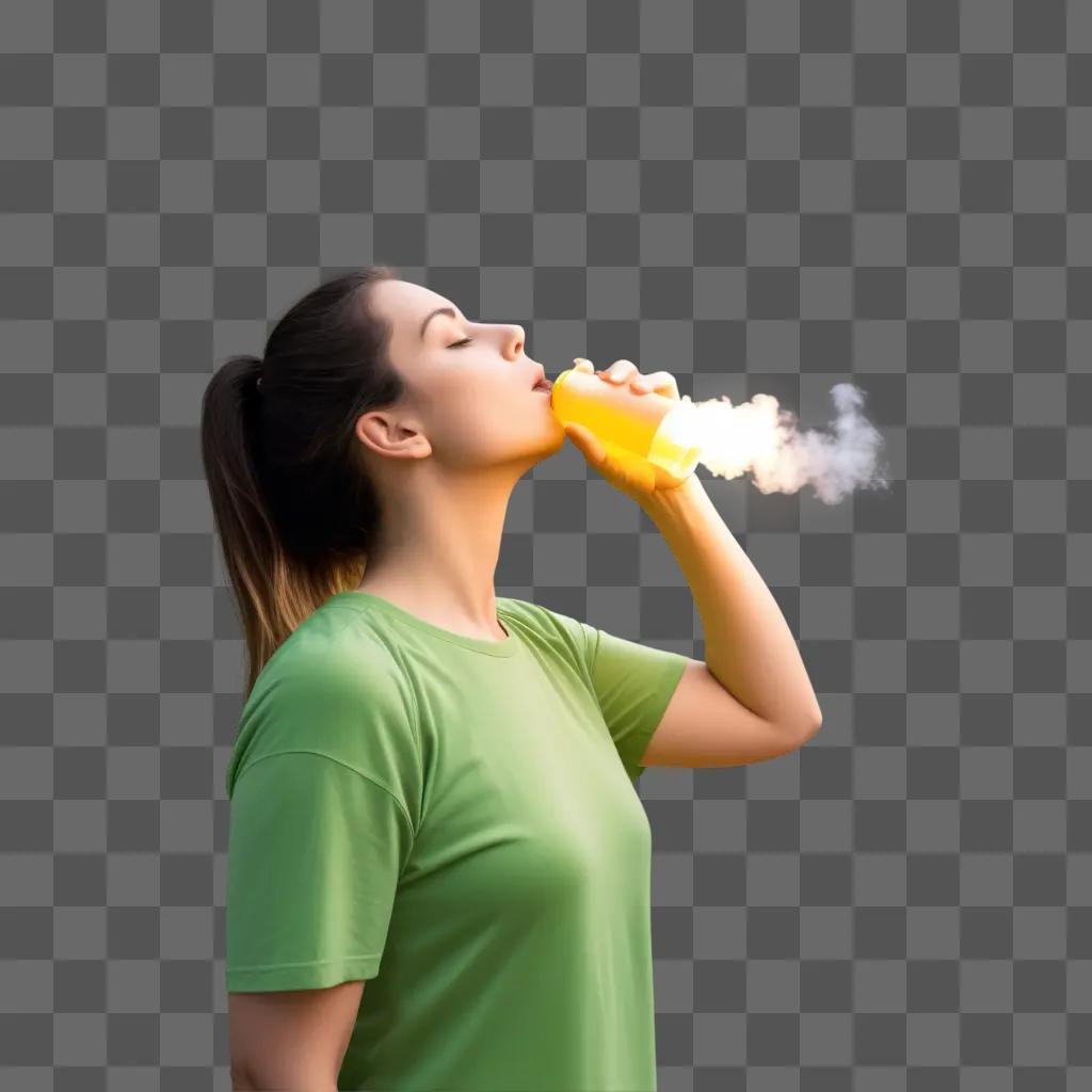 girl in a green shirt inhales a drink