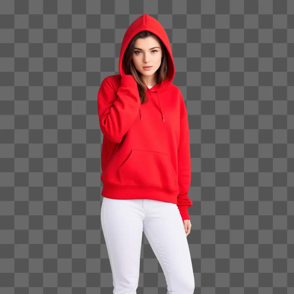 girl in a red hoodie poses against a pink background