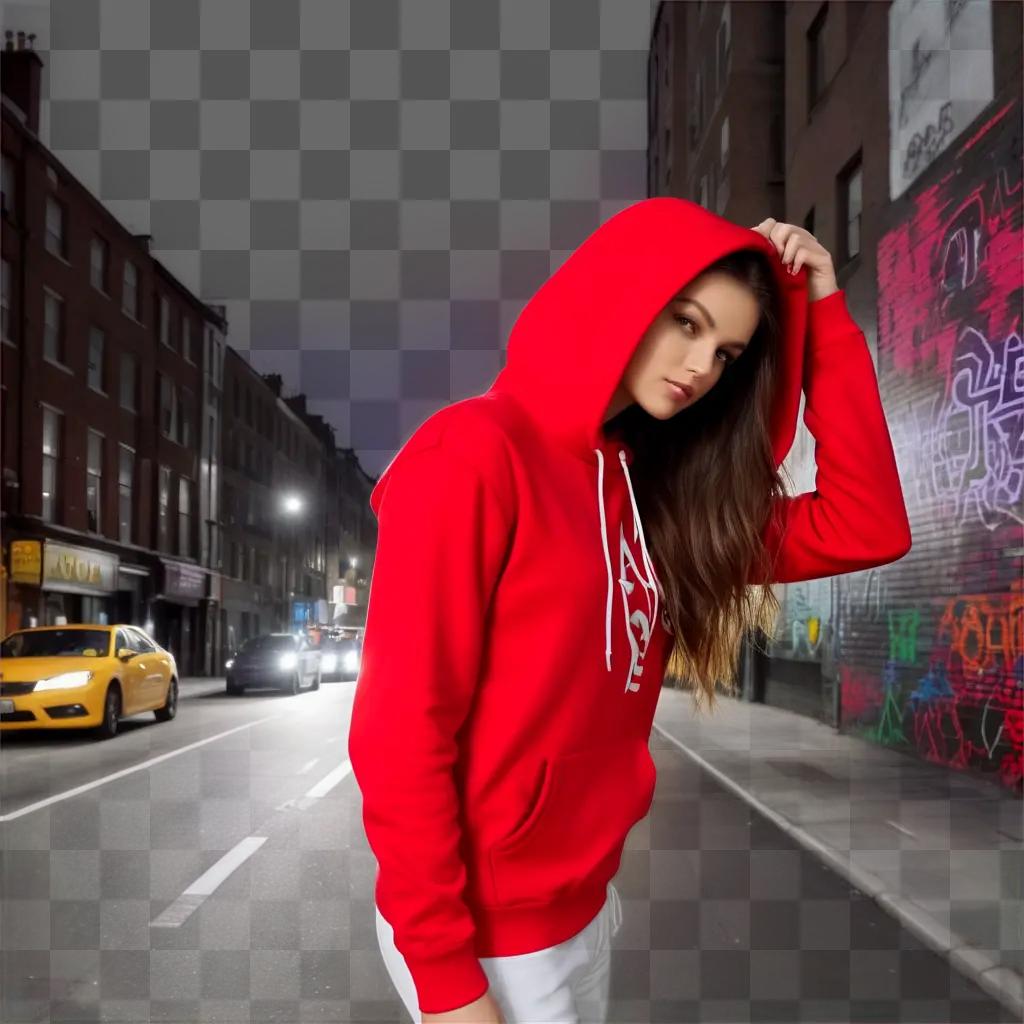 girl in a red hoodie poses on the street at night