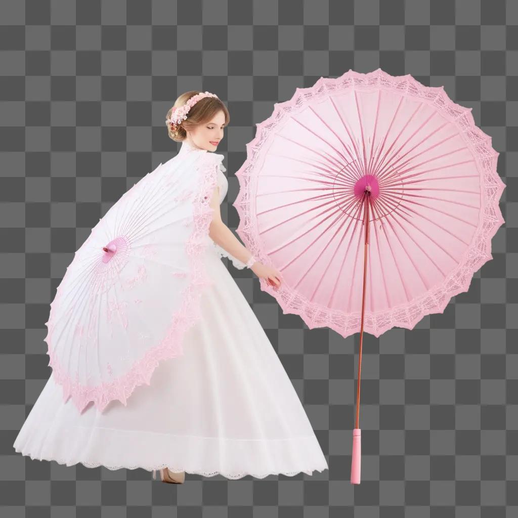 girl in a white dress holds a pink umbrella