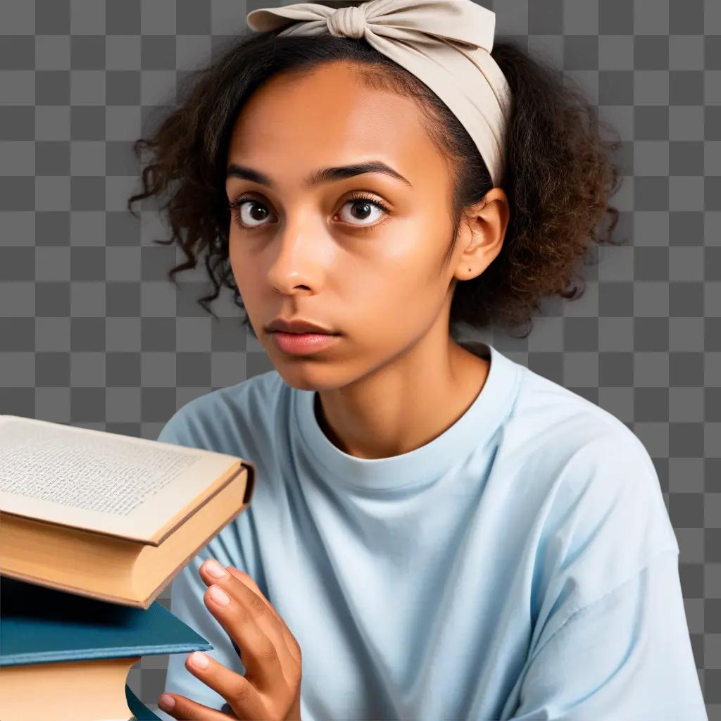 girl in a white headband is holding a book