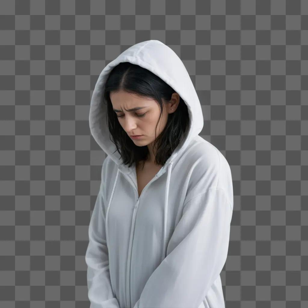 girl in a white hoodie looking down with a sad expression