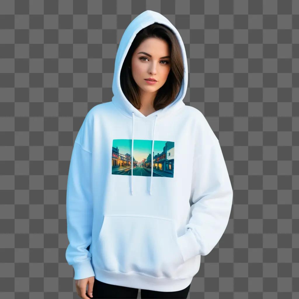 girl in a white hoodie with a city scene on it