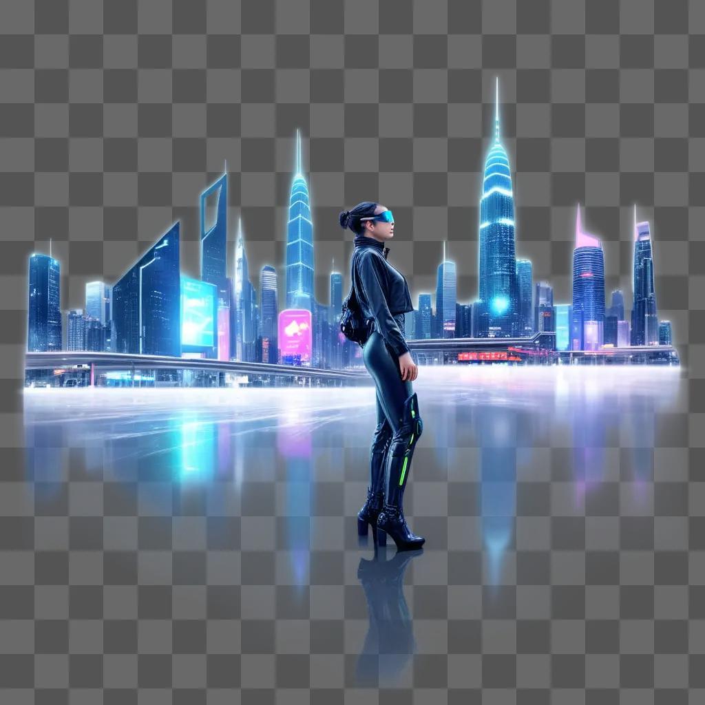 girl in black leather stands in front of a city skyline