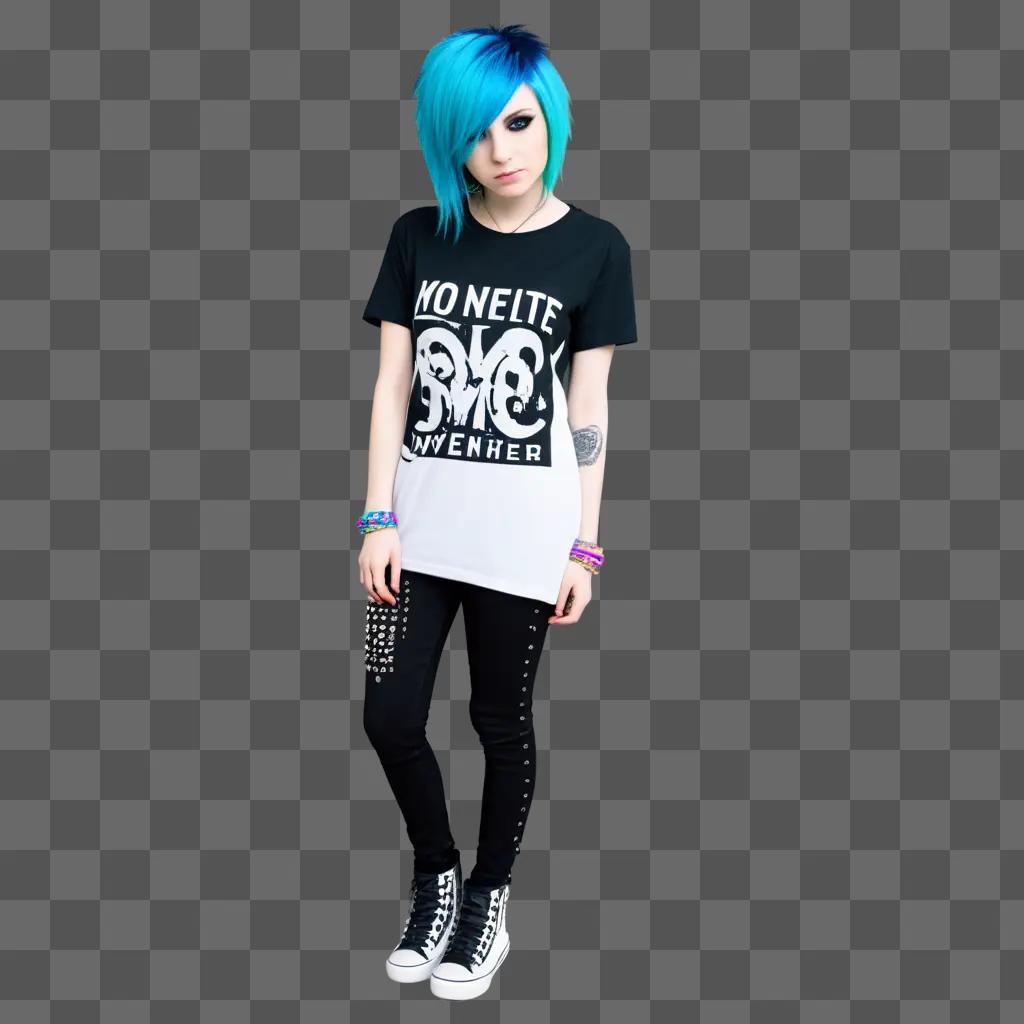 girl in emo clothes poses in front of a grey background