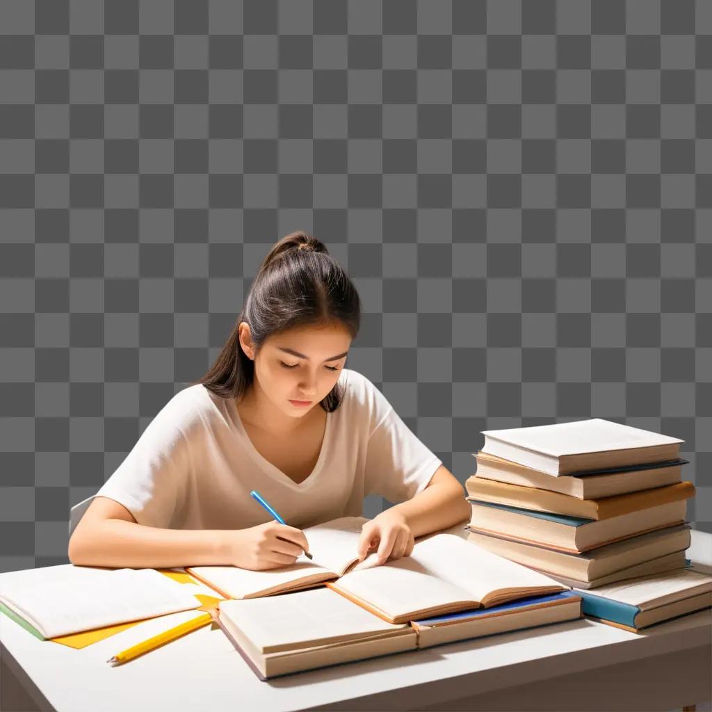 girl is doing homework while reading a book