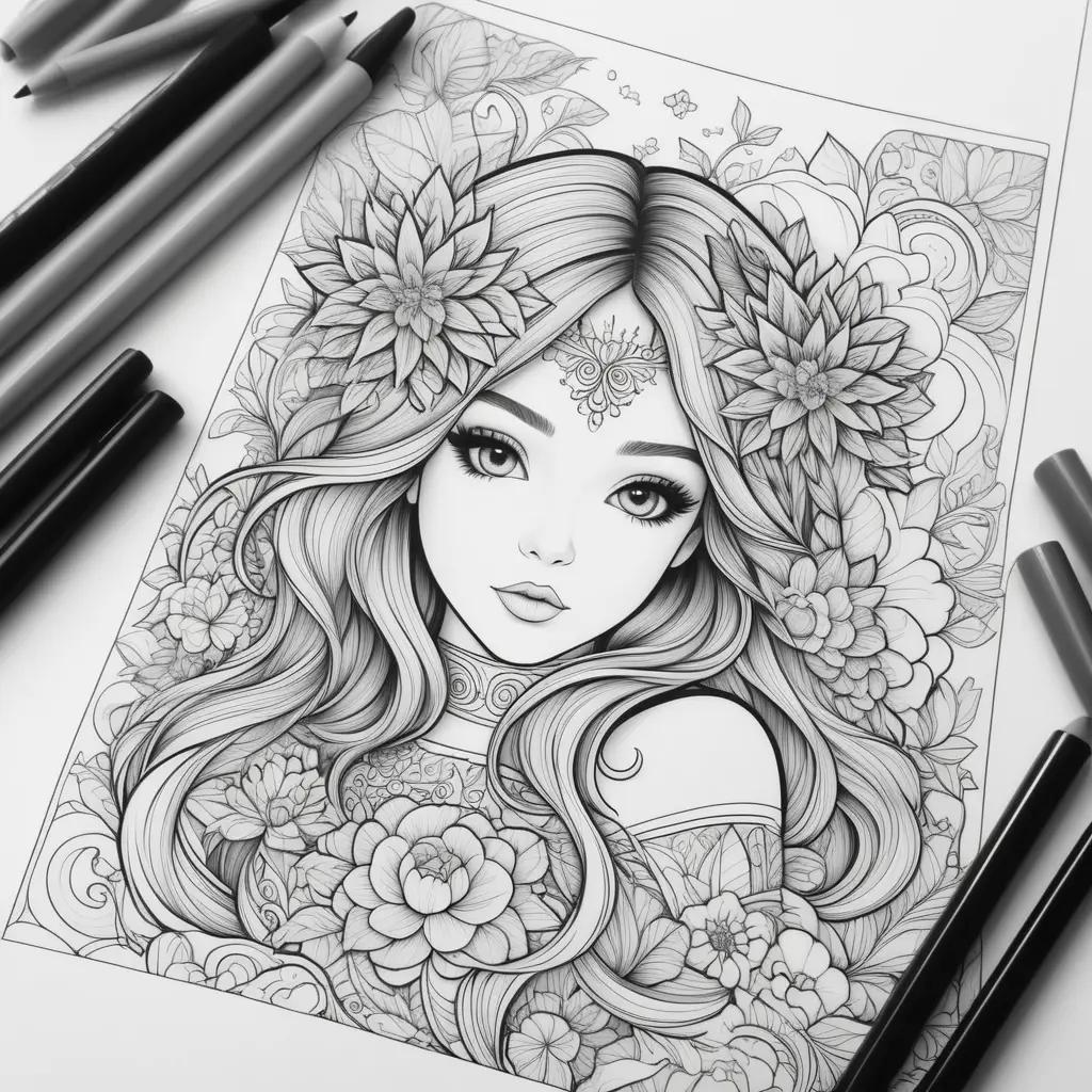 girl is drawn in a black and white coloring page