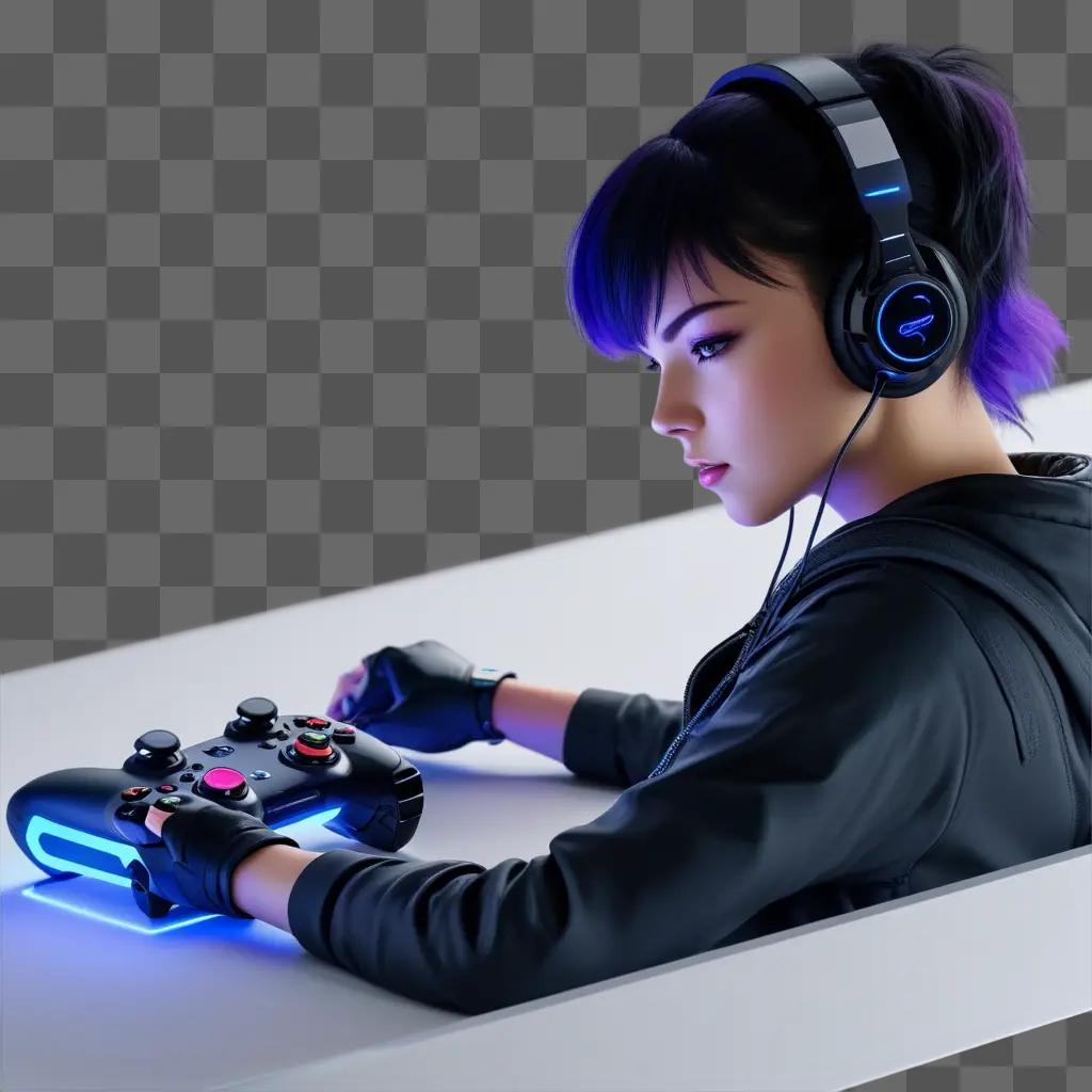 girl is playing a video game with headphones on