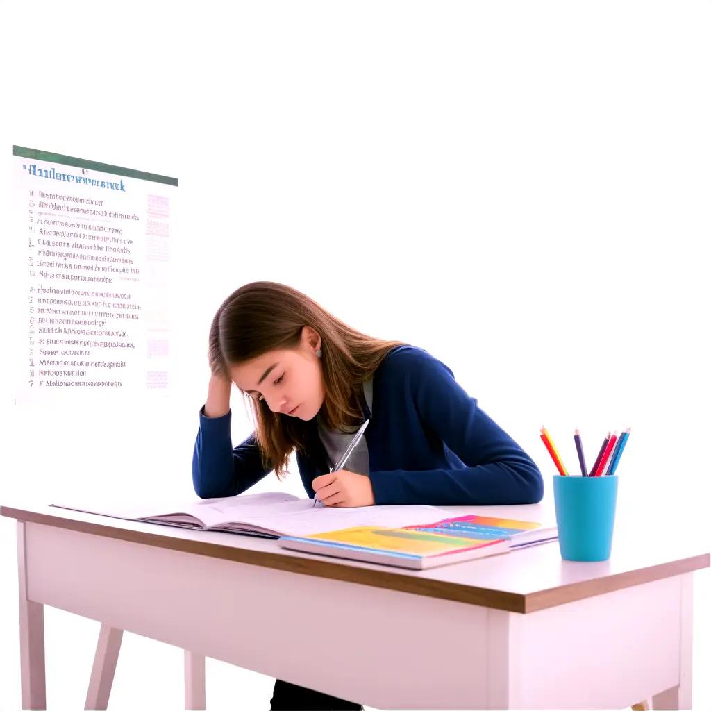 girl is working on her homework at the table