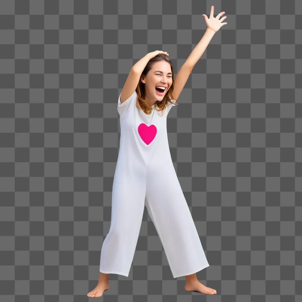 girl laughing in a white jumpsuit with a heart on it