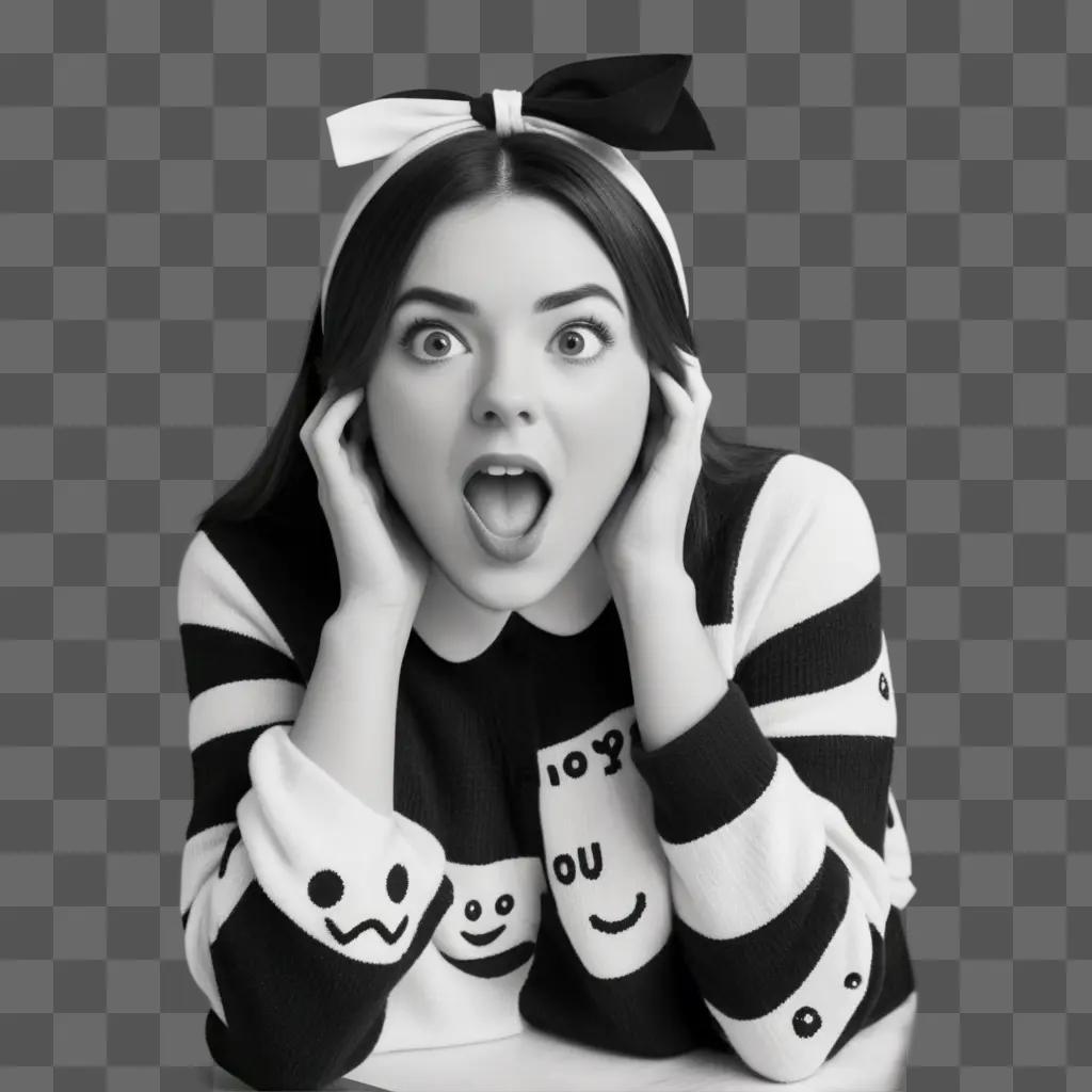 girl makes an ahhh face with a black and white photo