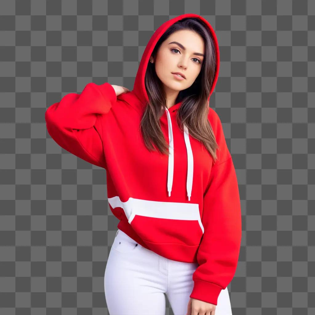 girl poses in a red hoodie