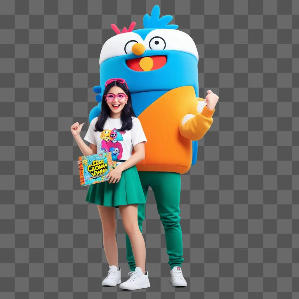 girl poses with a cartoon network character