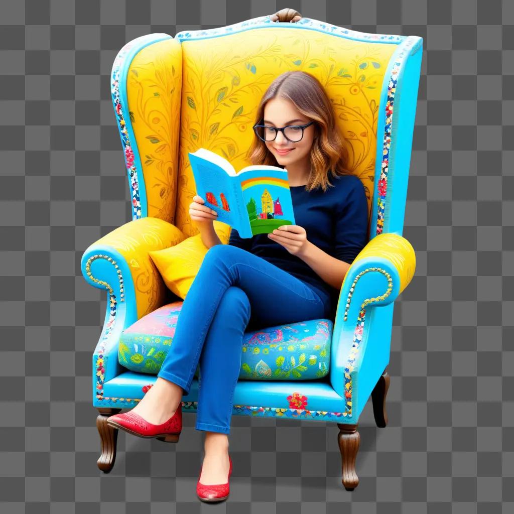 girl reads a book in a colorful armchair