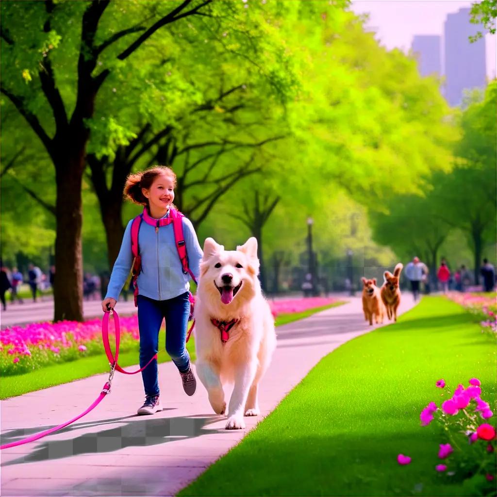 公園で犬をひもにつないで走る女の子