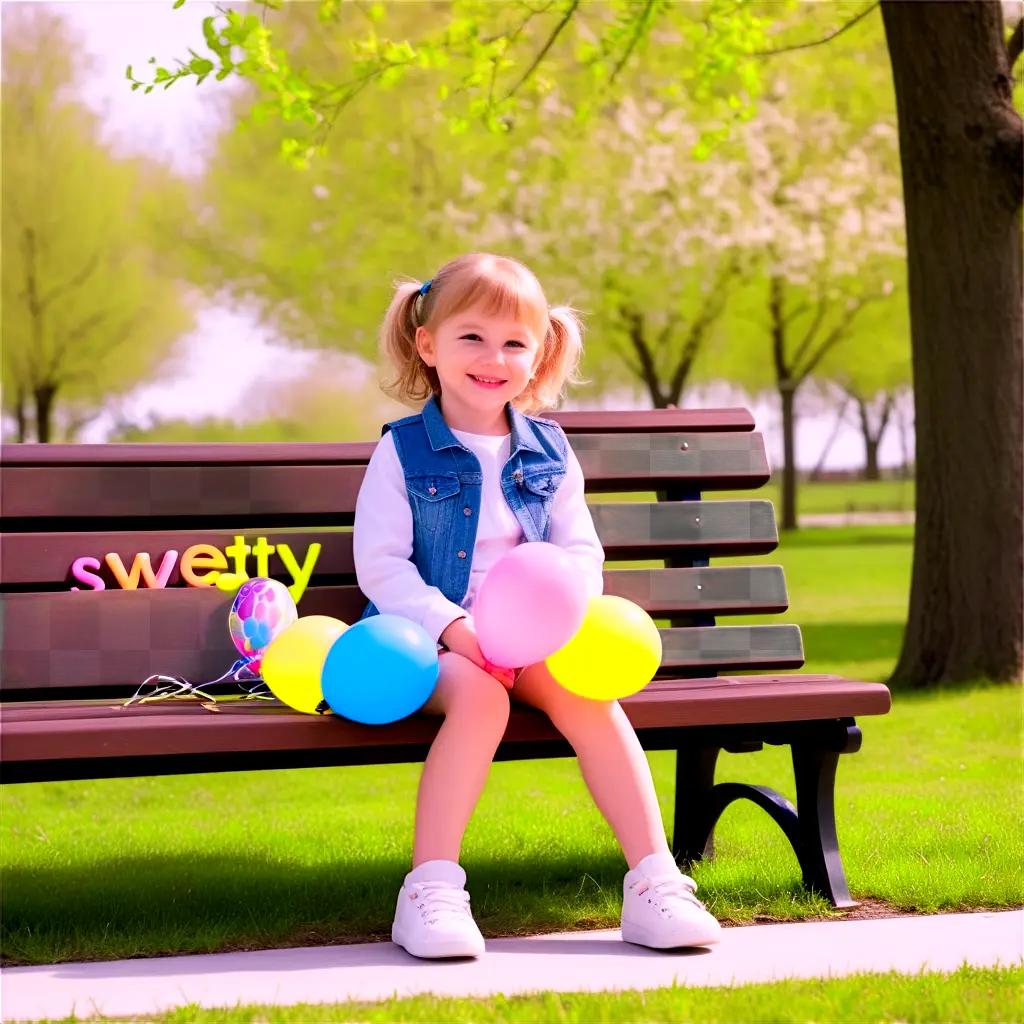 girl sitting on a bench with balloons