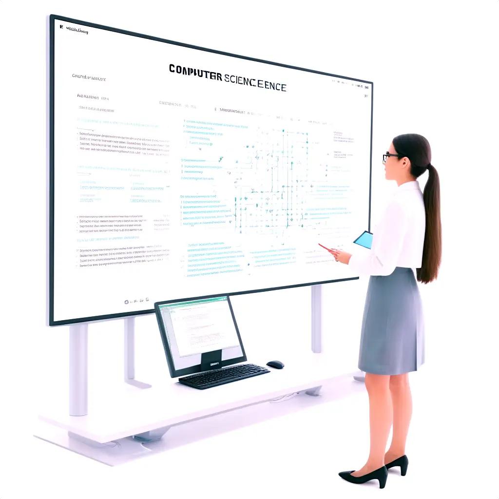 girl standing in front of a computer science chart