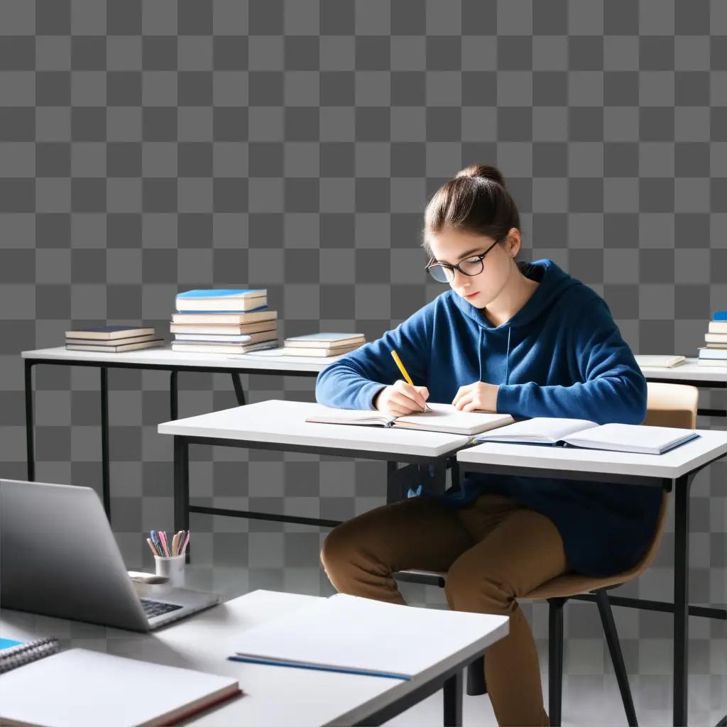 girl studies at a desk with her homework