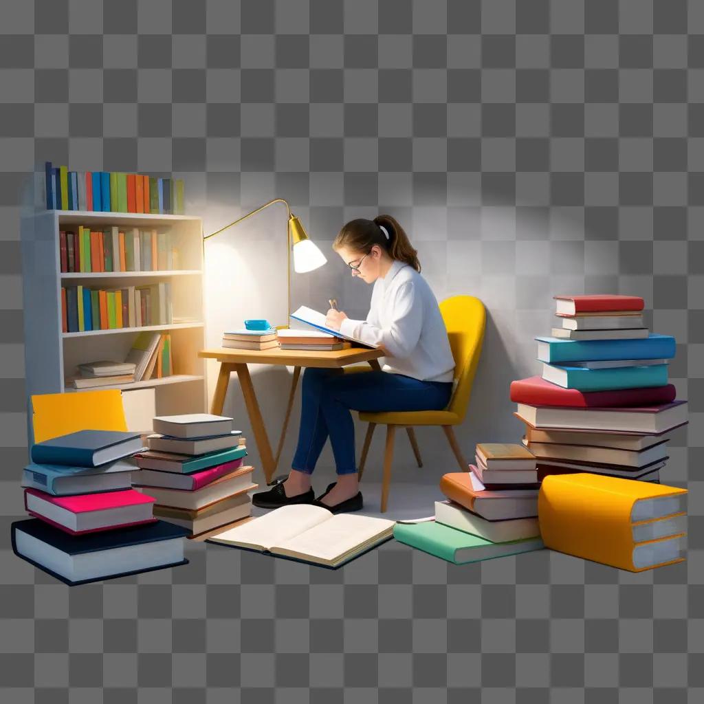 girl studying in a library with a stack of books