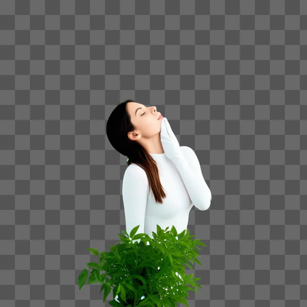 girl takes a deep breath in front of a plant