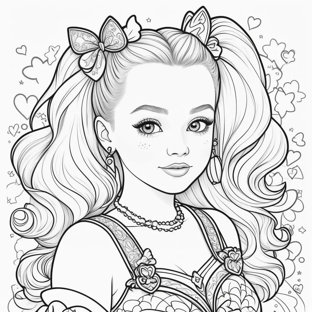 girl with a bow in her hair and a necklace is colored in black and white