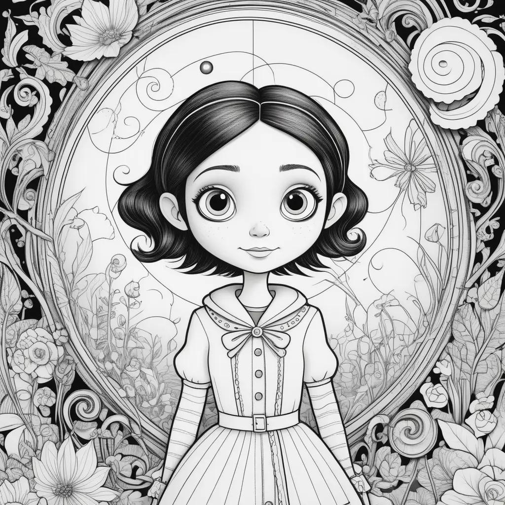 girl with a bow in her hair is in a black and white coraline coloring page