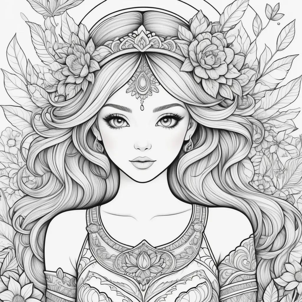 girl with a crown and flowers coloring page