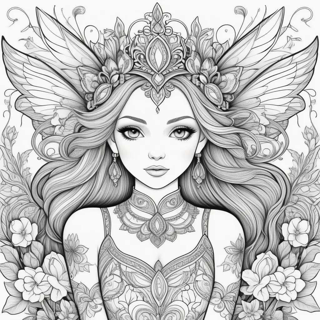 girl with a crown and wings in a coloring page