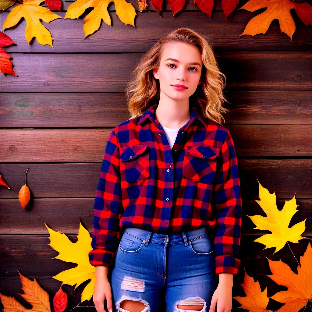 girl with a flannel shirt posing in front of a wooden wall