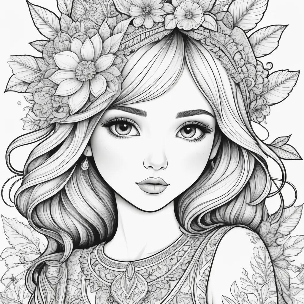 girl with a flower crown coloring page