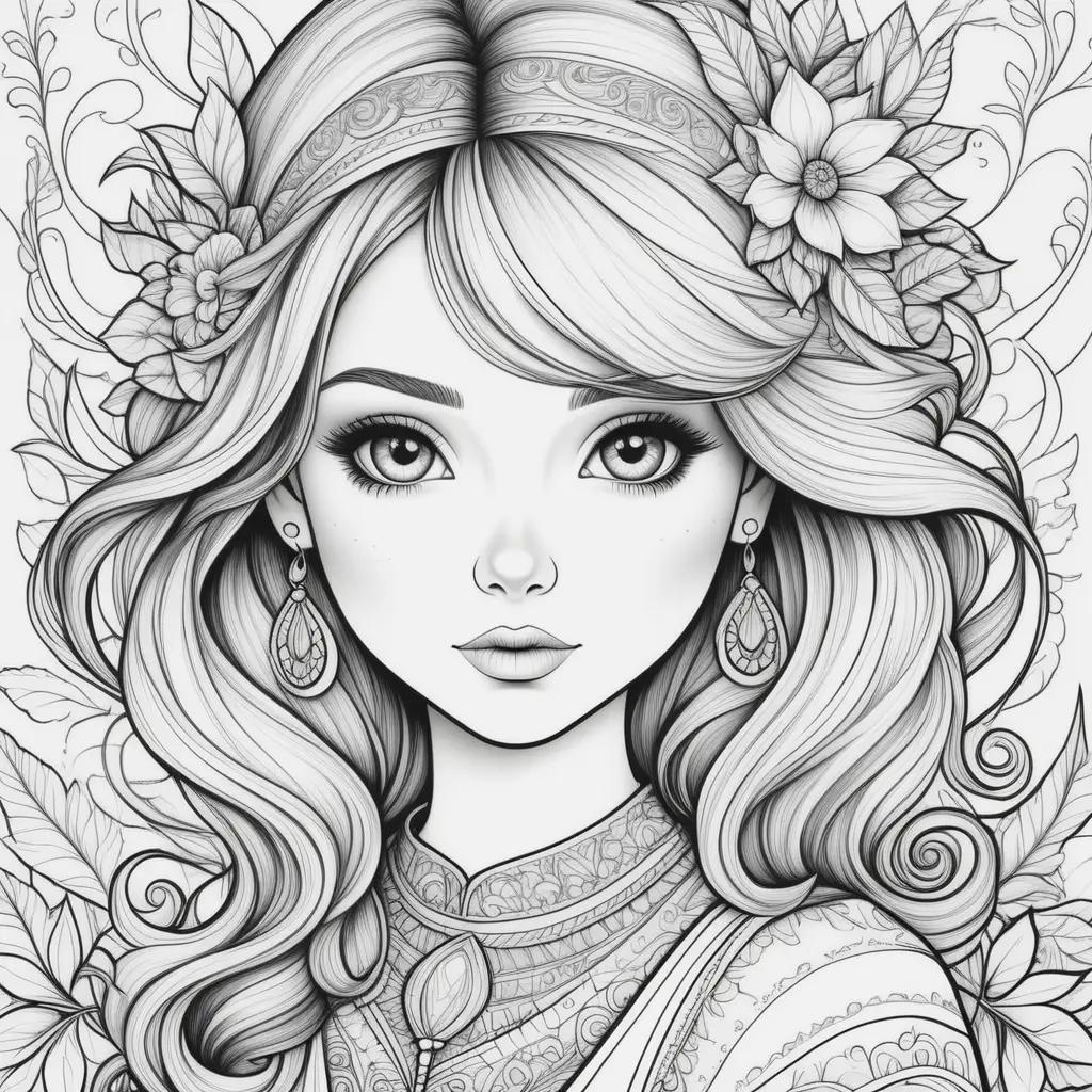 girl with a flower crown in a black and white coloring page