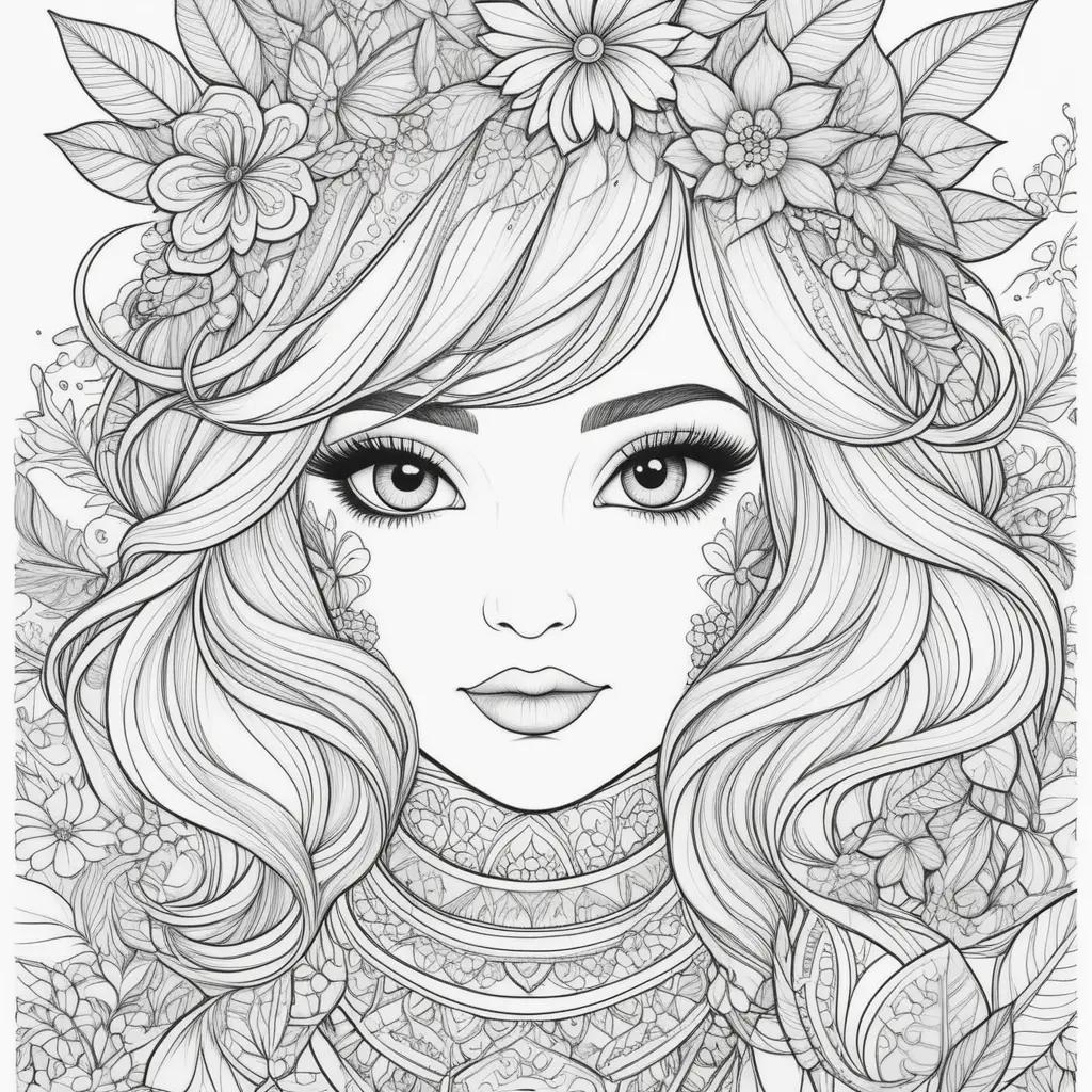 girl with a flower crown in a floral coloring page