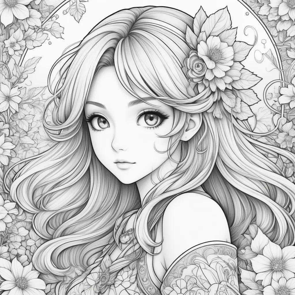 girl with a flower in her hair on a coloring page