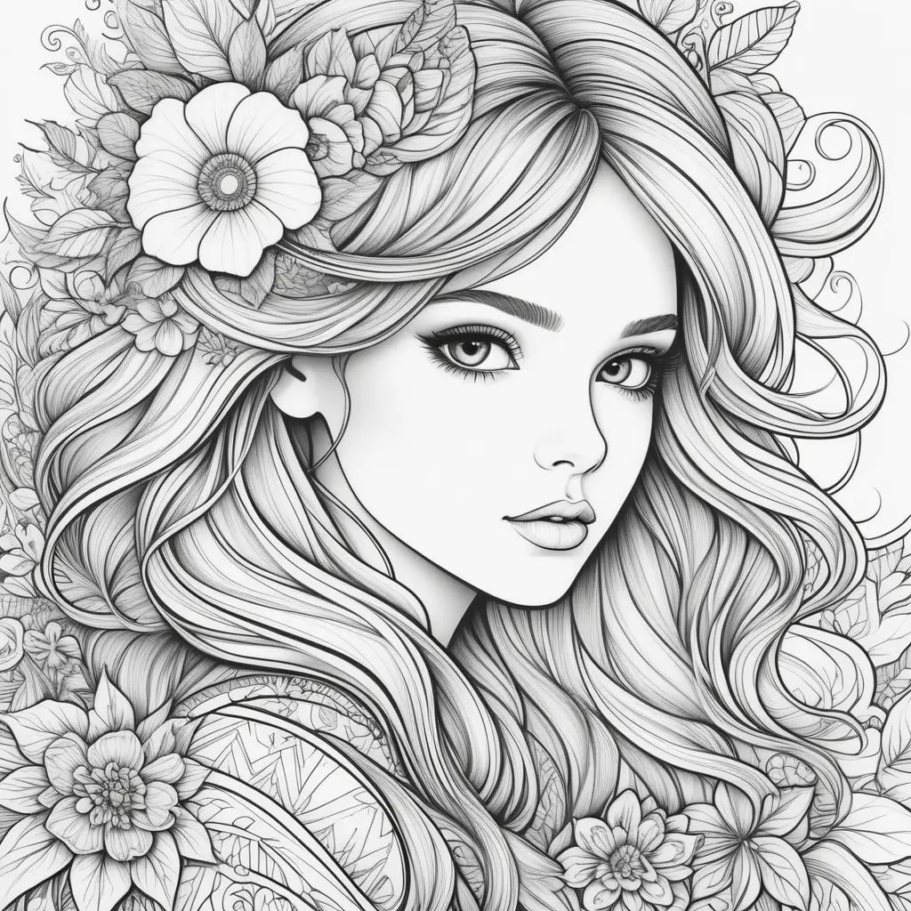 girl with a flower in her hair on a coloring page