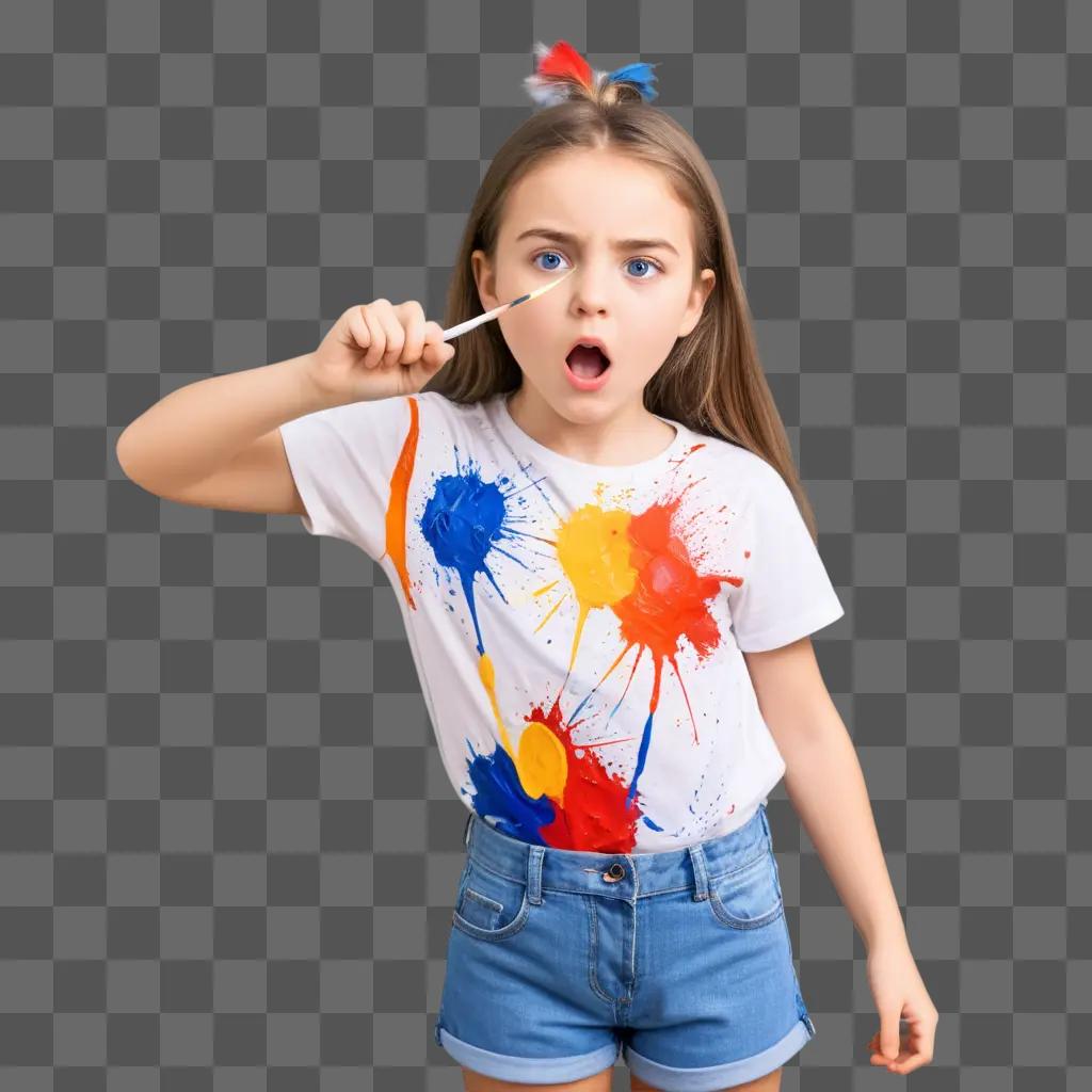 girl with a paint splatter shirt makes a mad face