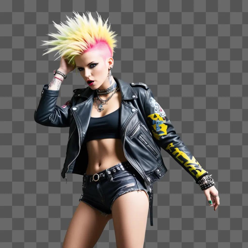 girl with a punk hairstyle poses in a leather jacket