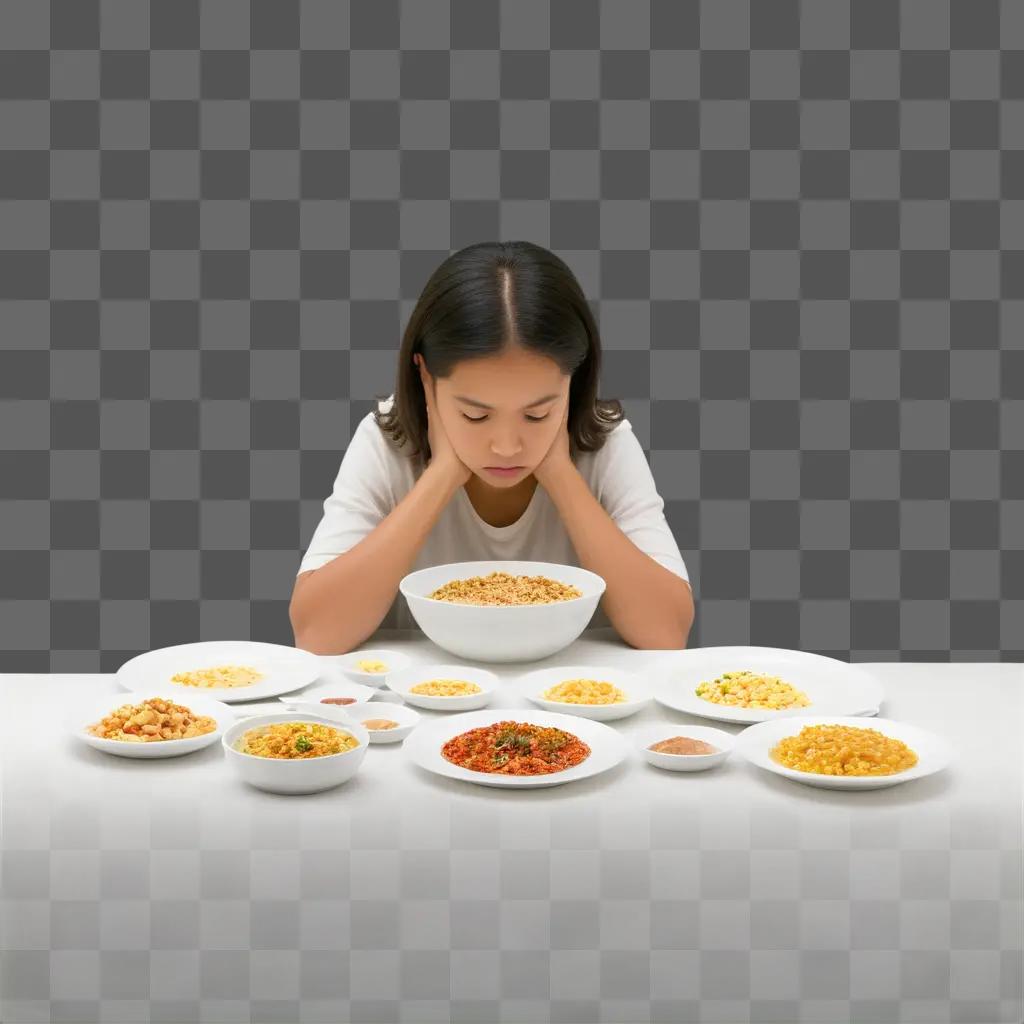 girl with a sad face sits in front of a plate of food